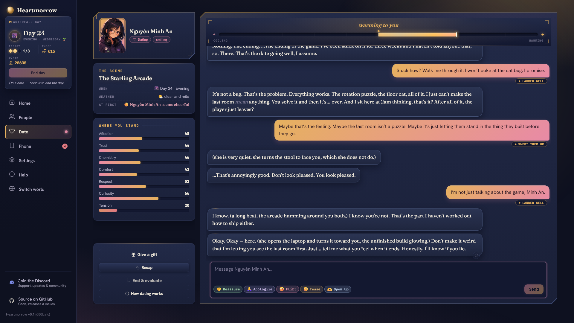 A date conversation in progress in Heartmorrow