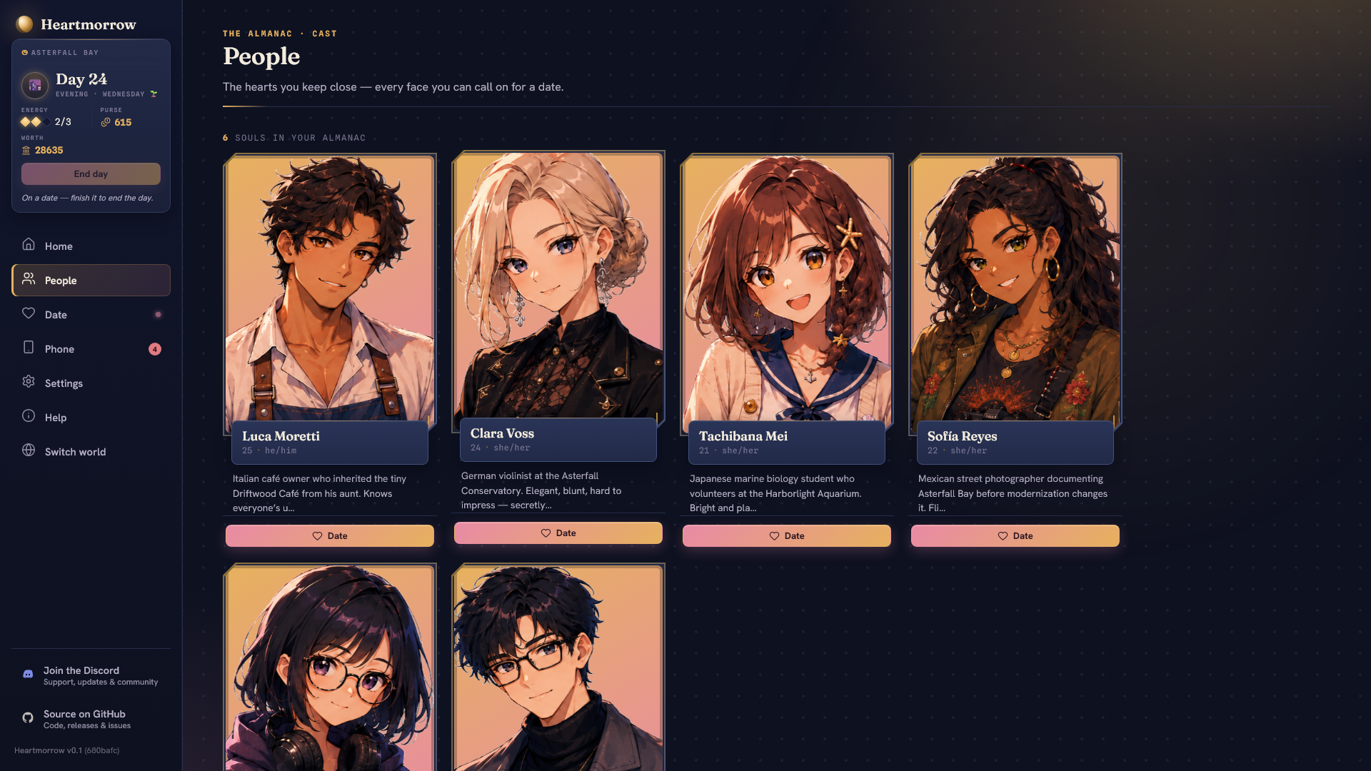 The People screen showing Heartmorrow's cast