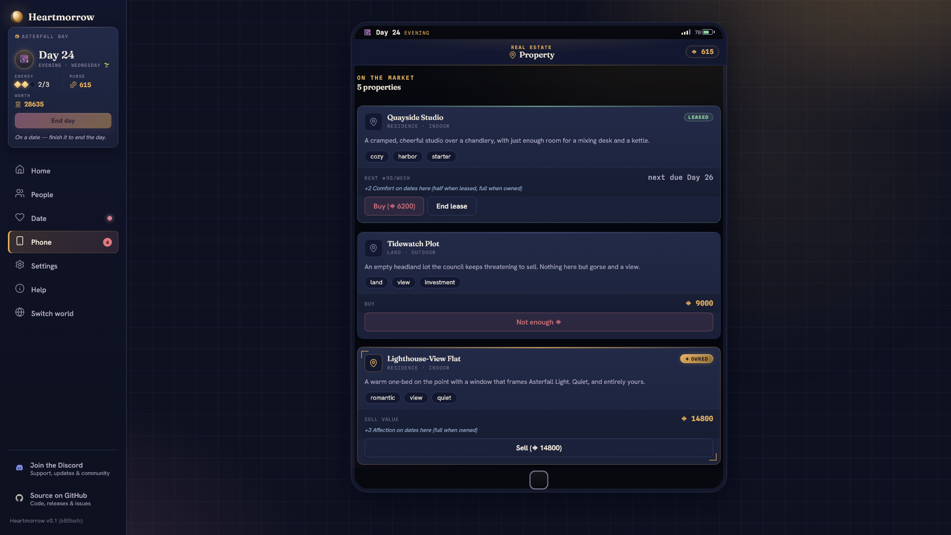 The optional property listings screen