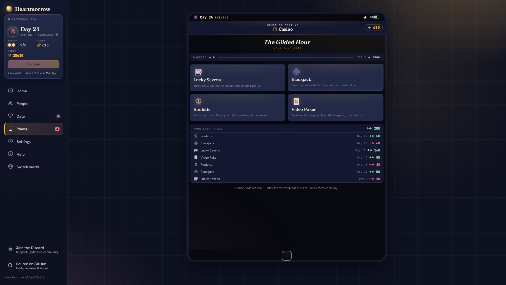 The optional casino screen